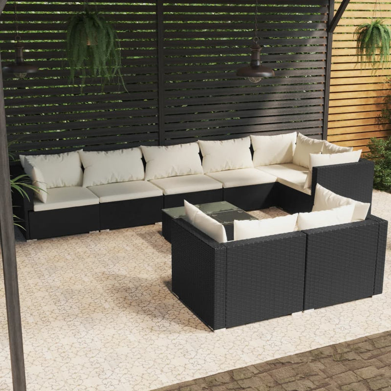 9-delige Loungeset met kussens poly rattan zwart