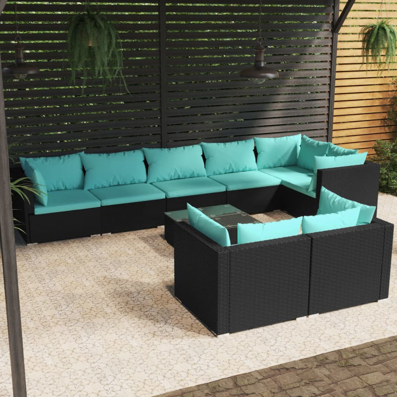 9-delige Loungeset met kussens poly rattan zwart