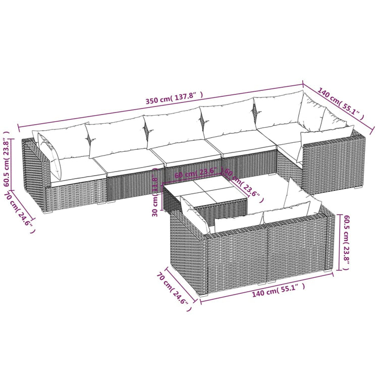 9-delige Loungeset met kussens poly rattan bruin