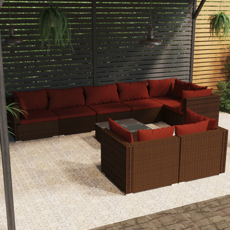 9-delige Loungeset met kussens poly rattan bruin