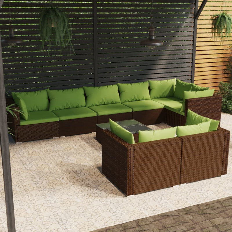 9-delige Loungeset met kussens poly rattan bruin