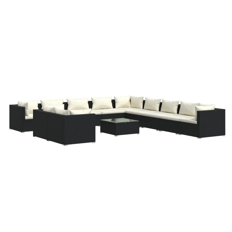 12-delige Loungeset met kussens poly rattan zwart