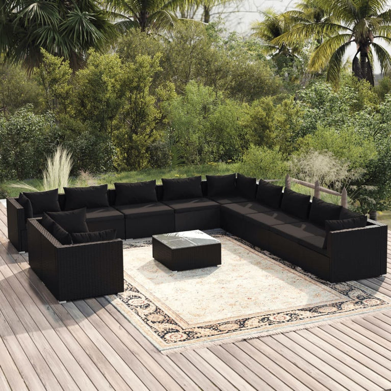 12-delige Loungeset met kussens poly rattan zwart