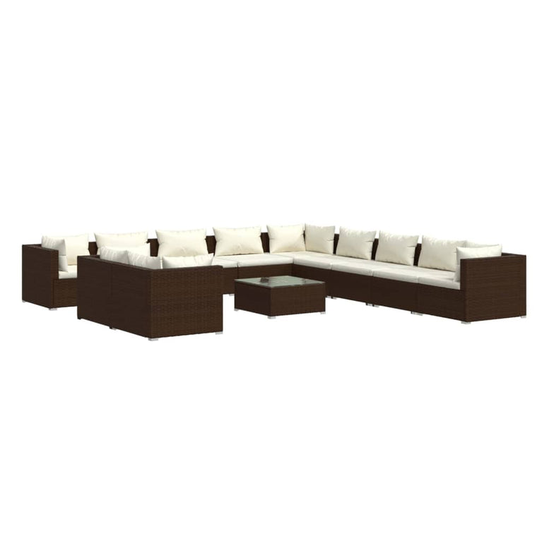 12-delige Loungeset met kussens poly rattan bruin