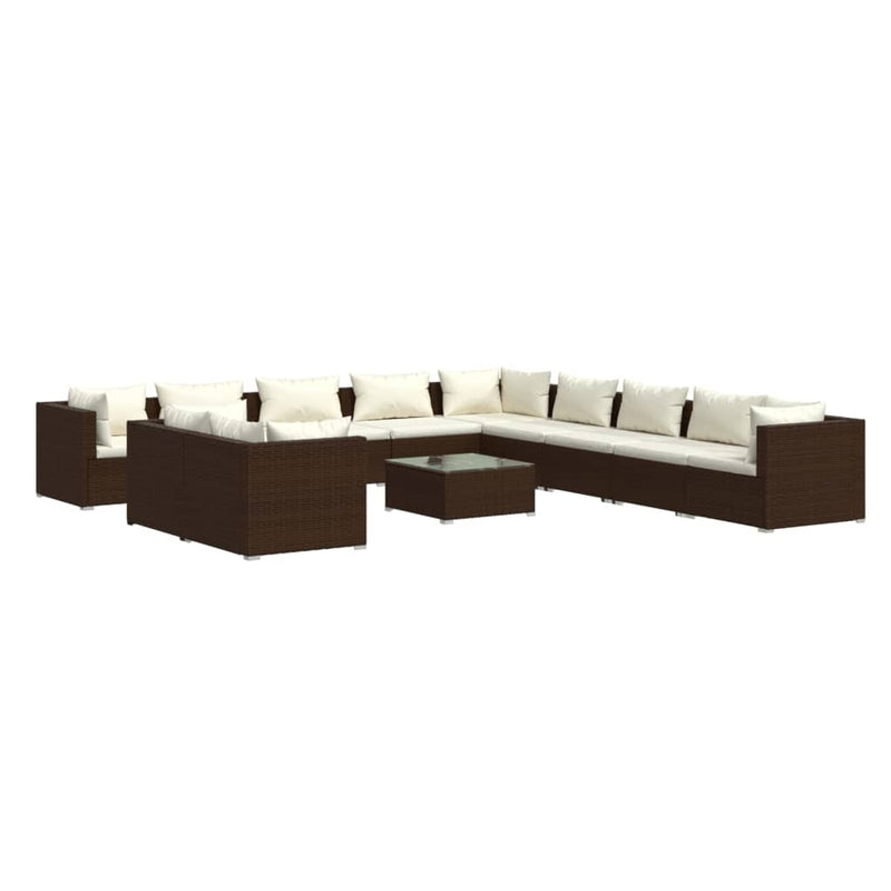 12-delige Loungeset met kussens poly rattan bruin