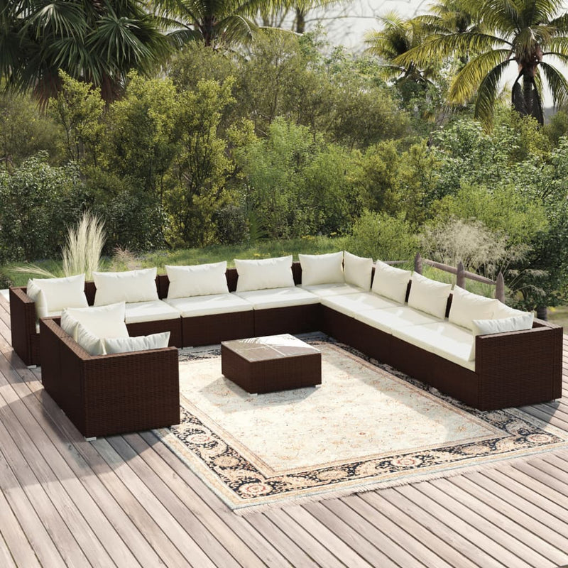 12-delige Loungeset met kussens poly rattan bruin