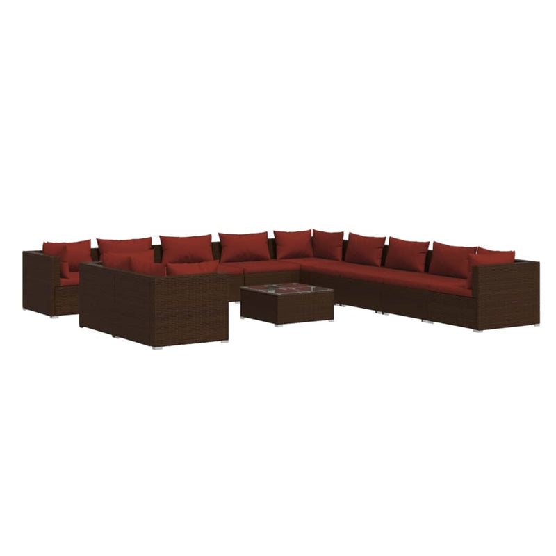 12-delige Loungeset met kussens poly rattan bruin