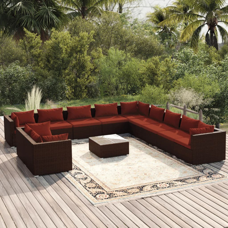 12-delige Loungeset met kussens poly rattan bruin