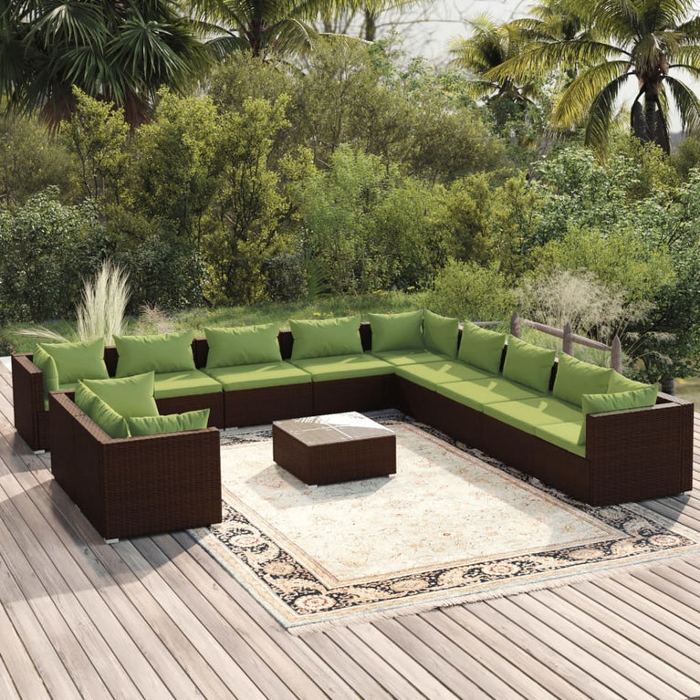 12-delige Loungeset met kussens poly rattan bruin