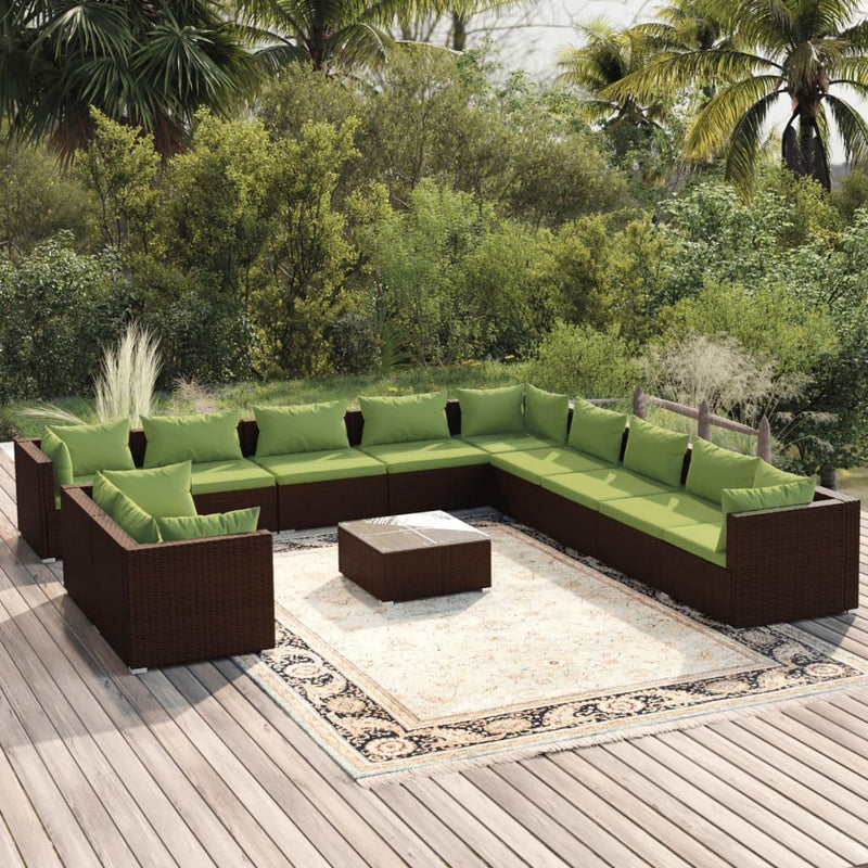 12-delige Loungeset met kussens poly rattan bruin