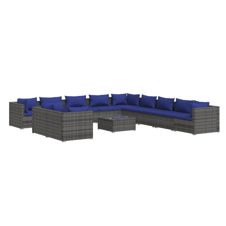 12-delige Loungeset met kussens poly rattan grijs