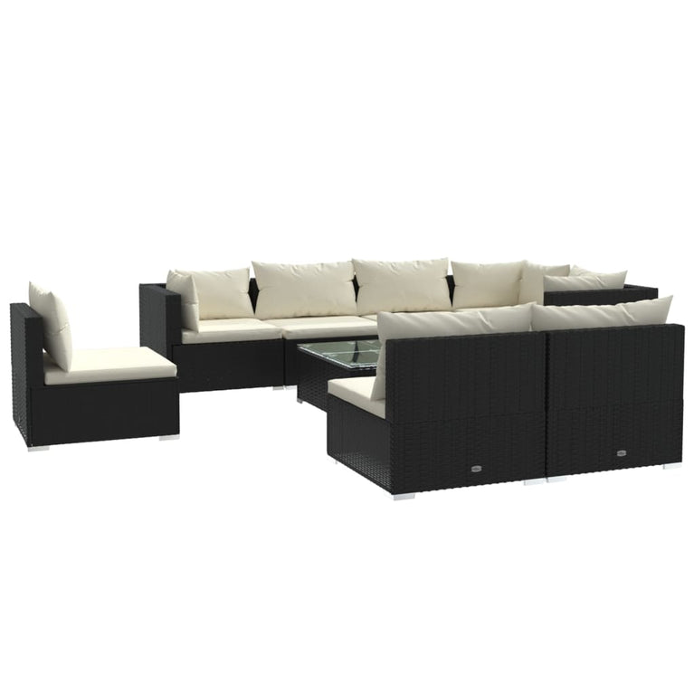 9-delige Loungeset met kussens poly rattan zwart