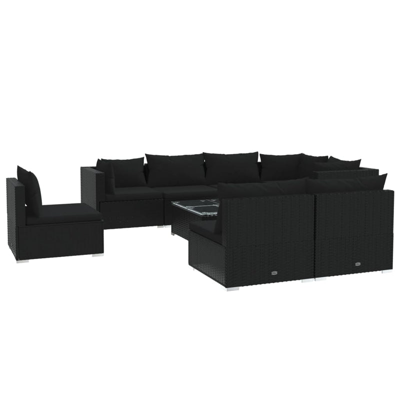 9-delige Loungeset met kussens poly rattan zwart