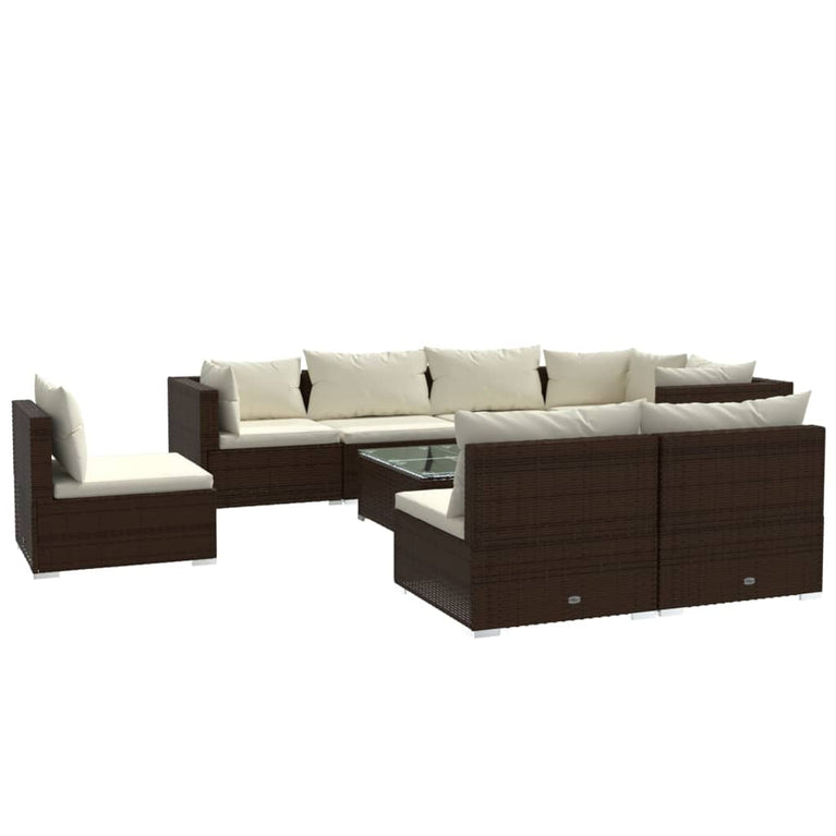 9-delige Loungeset met kussens poly rattan bruin
