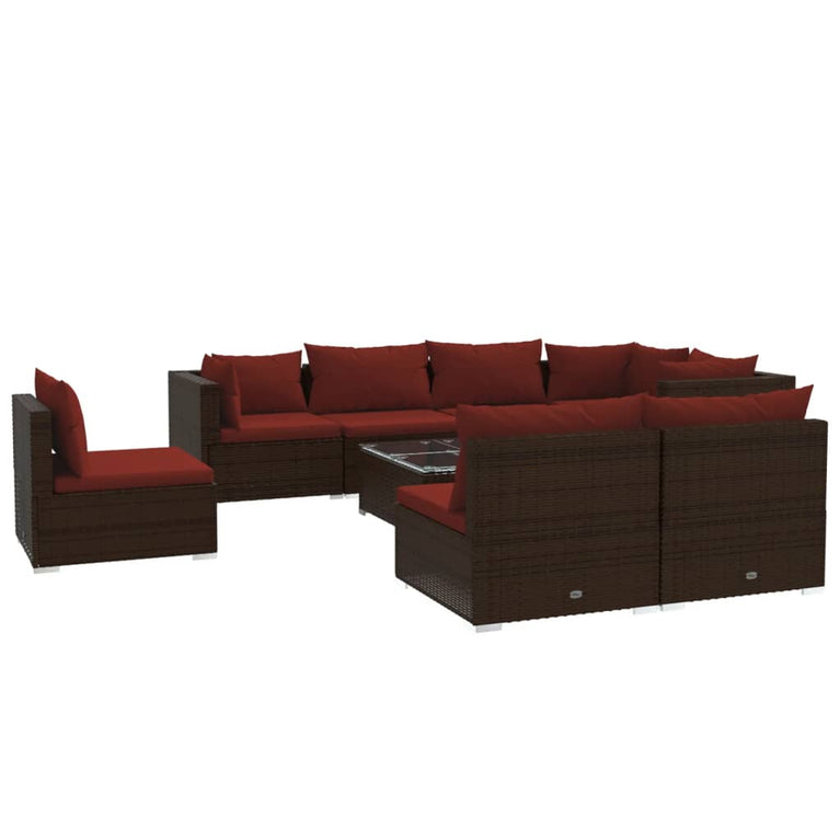 9-delige Loungeset met kussens poly rattan bruin