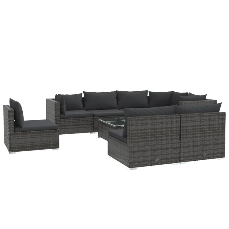 9-delige Loungeset met kussens poly rattan grijs