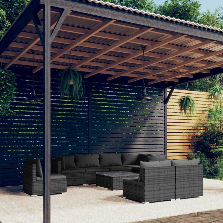 9-delige Loungeset met kussens poly rattan grijs
