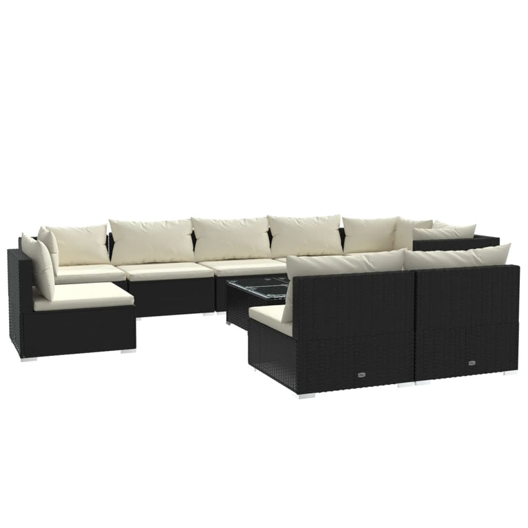 10-delige Loungeset met kussens poly rattan zwart