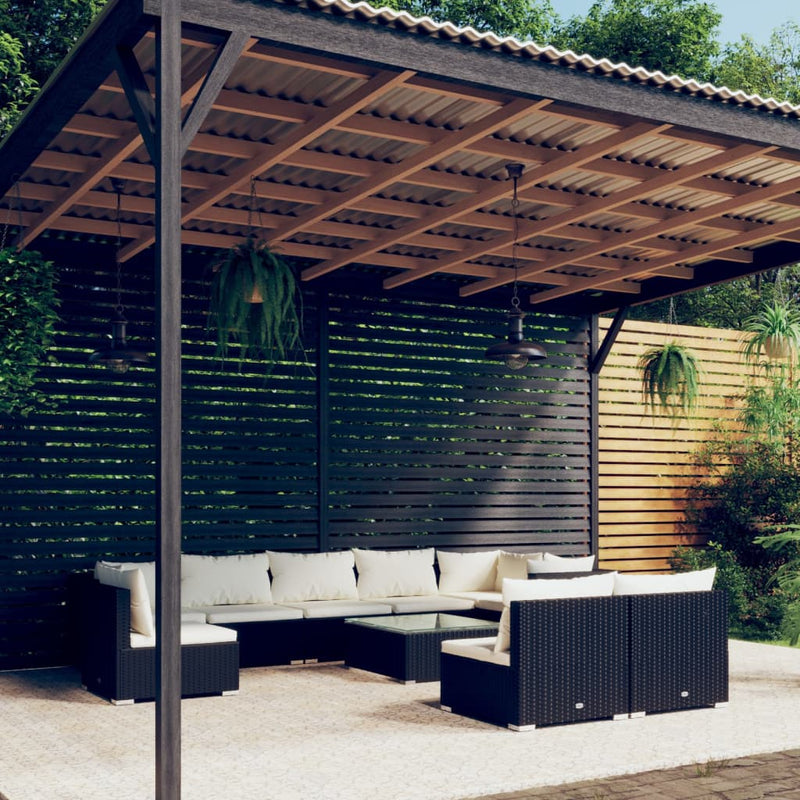 10-delige Loungeset met kussens poly rattan zwart