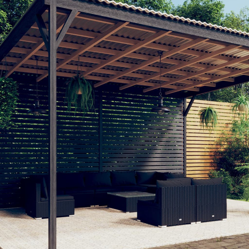 10-delige Loungeset met kussens poly rattan zwart
