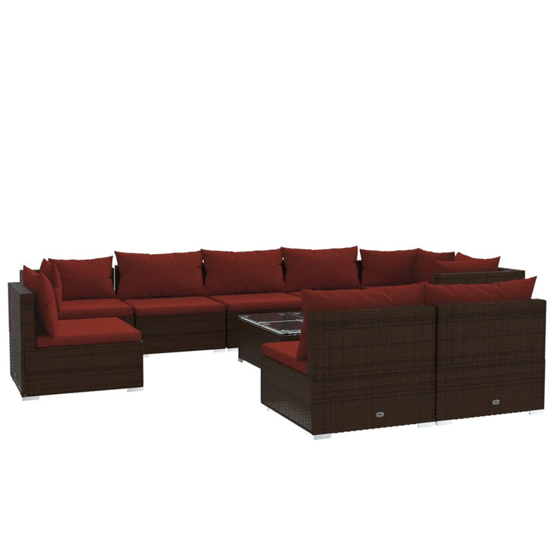 10-delige Loungeset met kussens poly rattan bruin