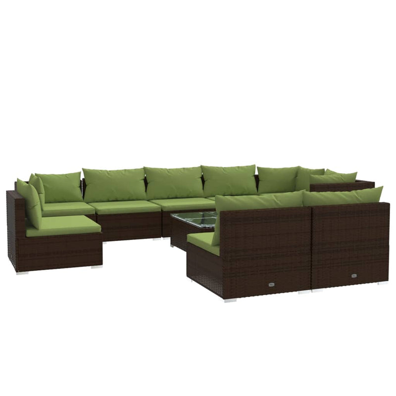 10-delige Loungeset met kussens poly rattan bruin
