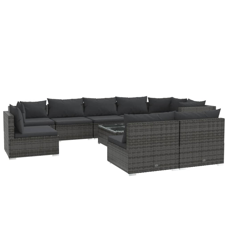 10-delige Loungeset met kussens poly rattan grijs