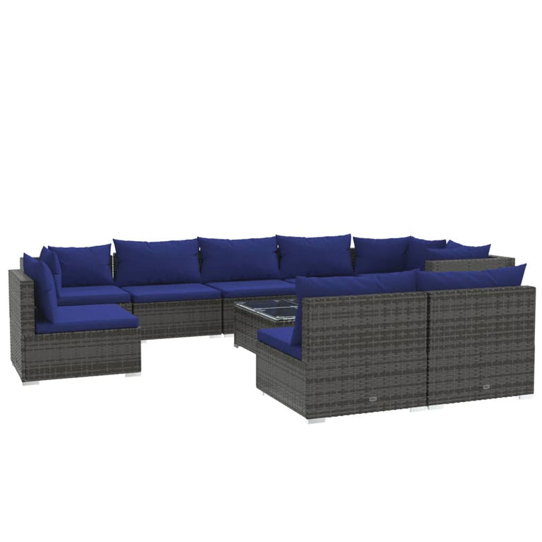 10-delige Loungeset met kussens poly rattan grijs