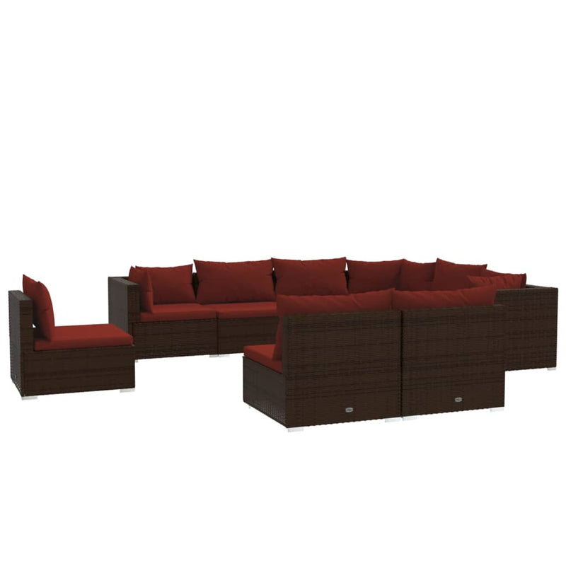 9-delige Loungeset met kussens poly rattan bruin