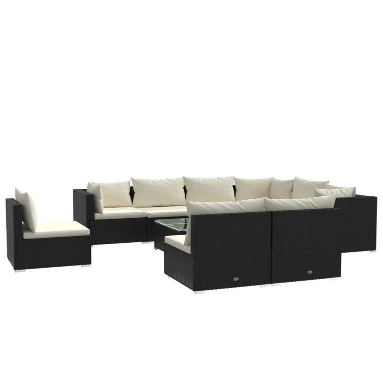 10-delige Loungeset met kussens poly rattan zwart