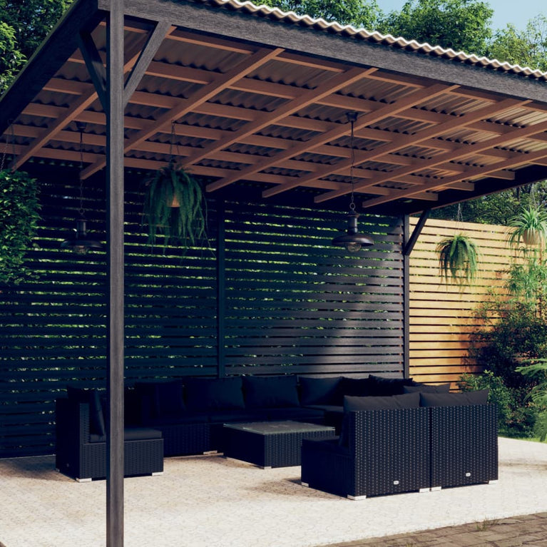 10-delige Loungeset met kussens poly rattan zwart