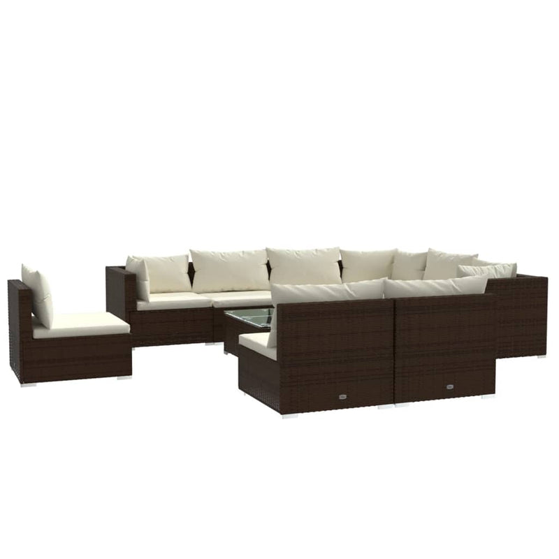 10-delige Loungeset met kussens poly rattan bruin