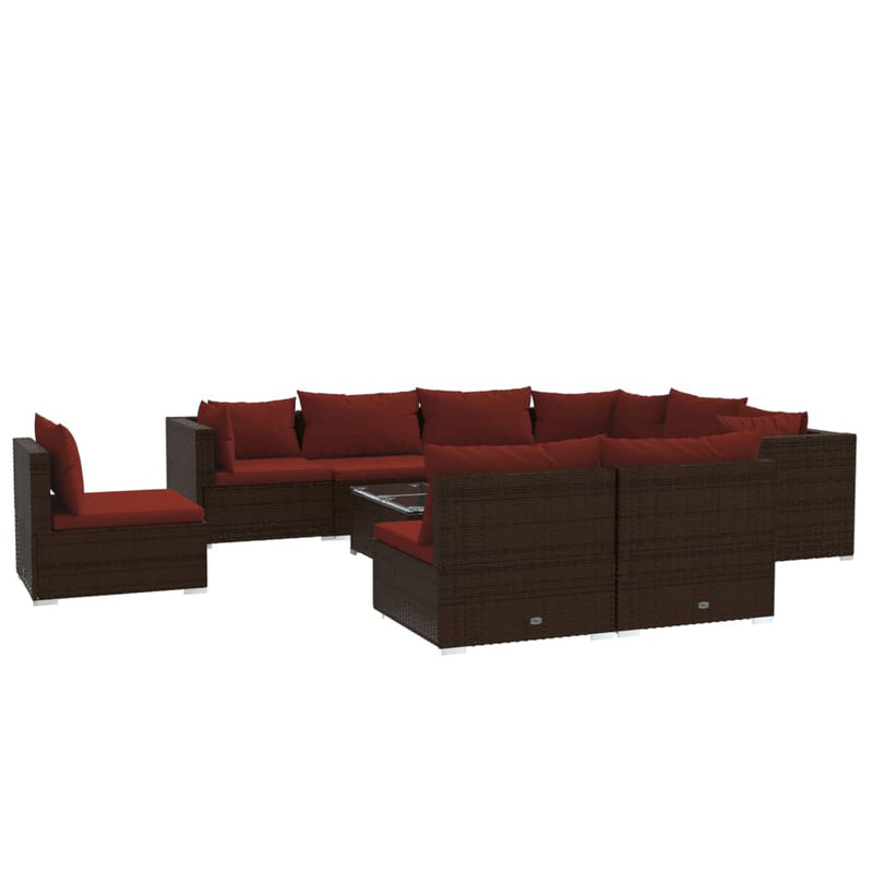 10-delige Loungeset met kussens poly rattan bruin