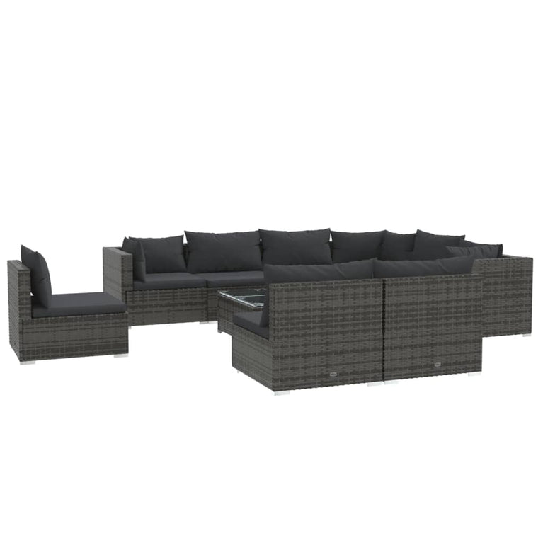 10-delige Loungeset met kussens poly rattan grijs