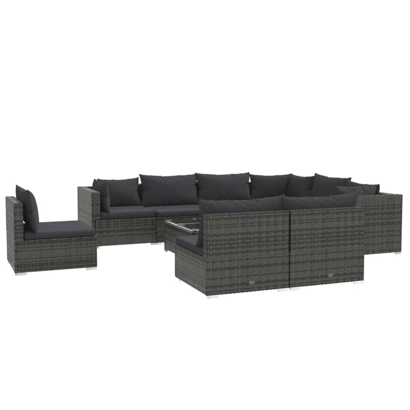 10-delige Loungeset met kussens poly rattan grijs