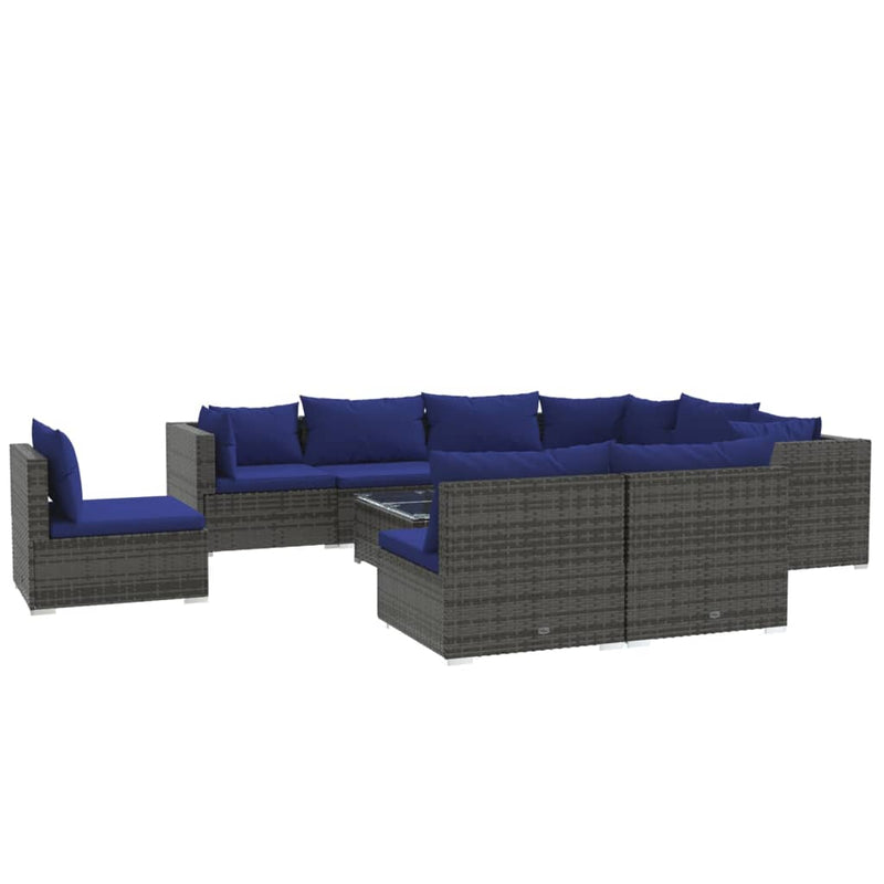 10-delige Loungeset met kussens poly rattan grijs