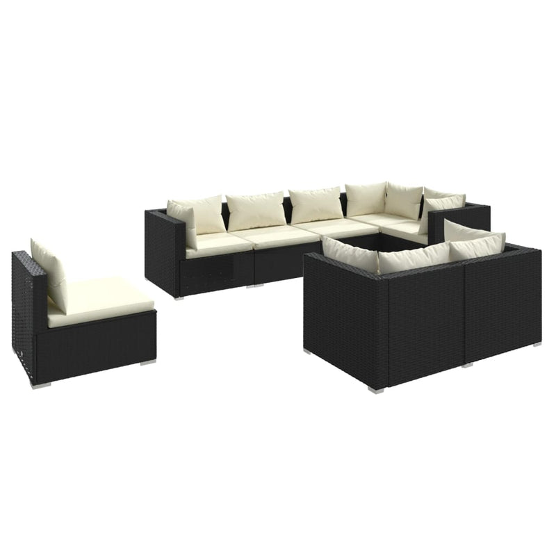 8-delige Loungeset met kussens poly rattan zwart