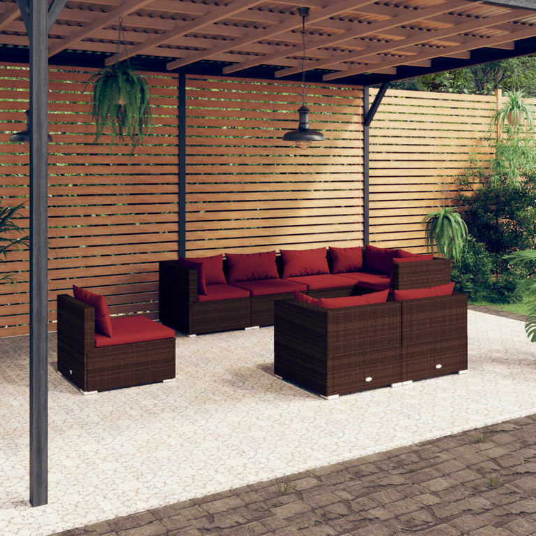8-delige Loungeset met kussens poly rattan bruin