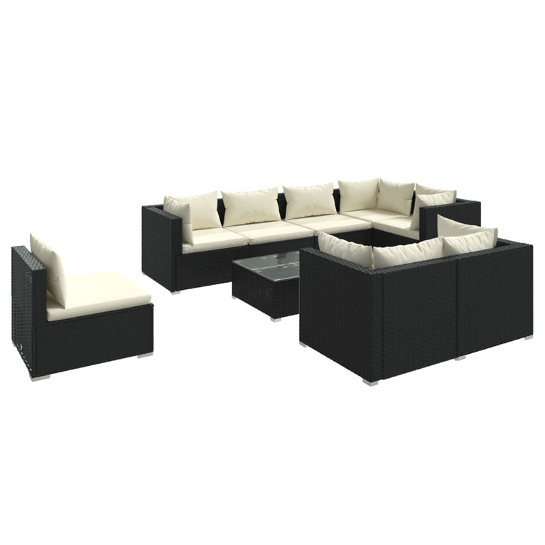 9-delige Loungeset met kussens poly rattan zwart