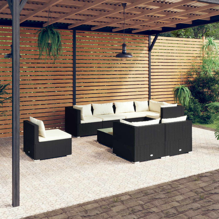 9-delige Loungeset met kussens poly rattan zwart