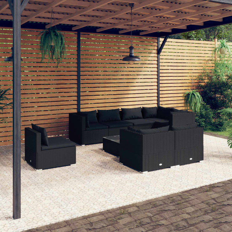 9-delige Loungeset met kussens poly rattan zwart