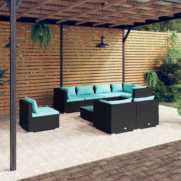9-delige Loungeset met kussens poly rattan zwart