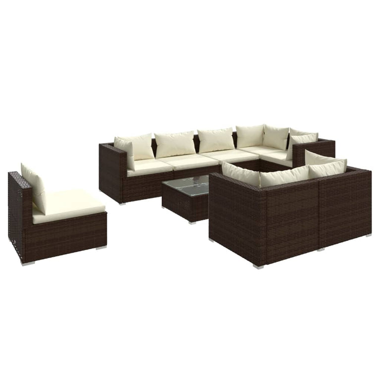 9-delige Loungeset met kussens poly rattan bruin