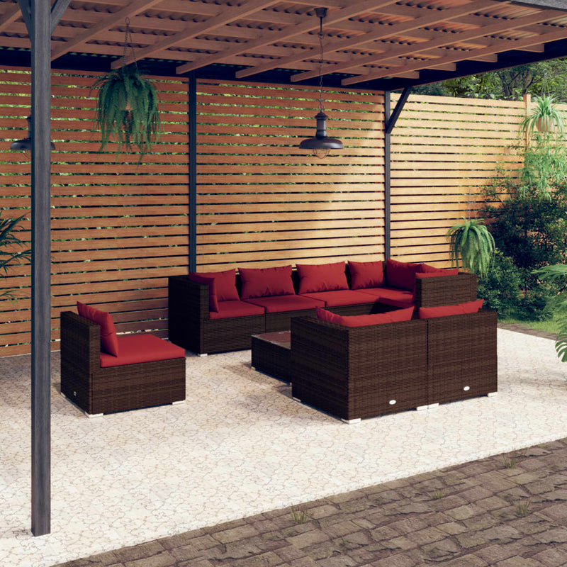 9-delige Loungeset met kussens poly rattan bruin