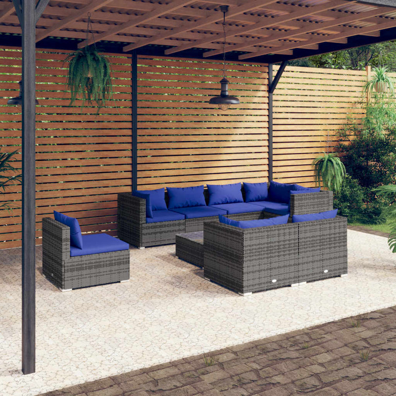 9-delige Loungeset met kussens poly rattan grijs