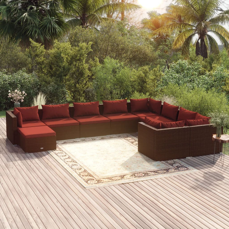 10-delige Loungeset met kussens poly rattan bruin