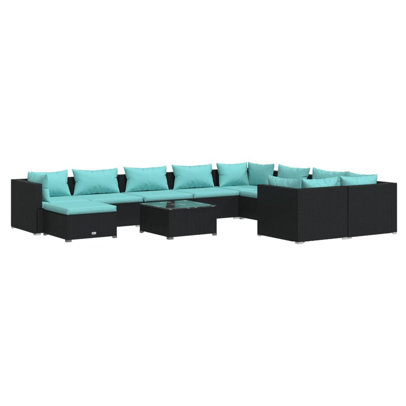 11-delige Loungeset met kussens poly rattan zwart