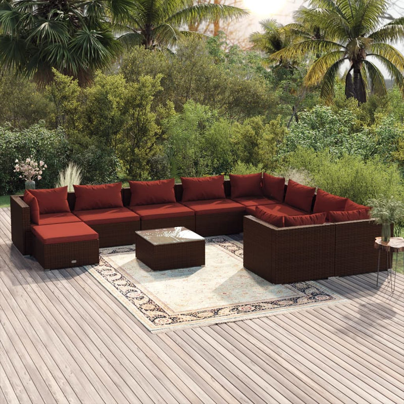 11-delige Loungeset met kussens poly rattan bruin
