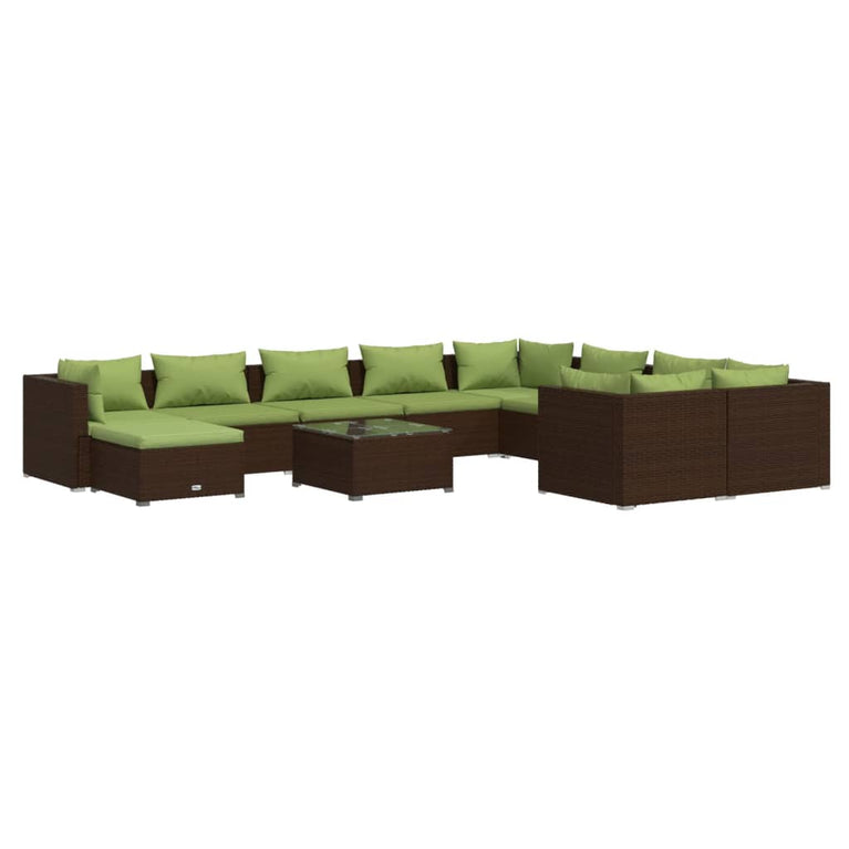11-delige Loungeset met kussens poly rattan bruin