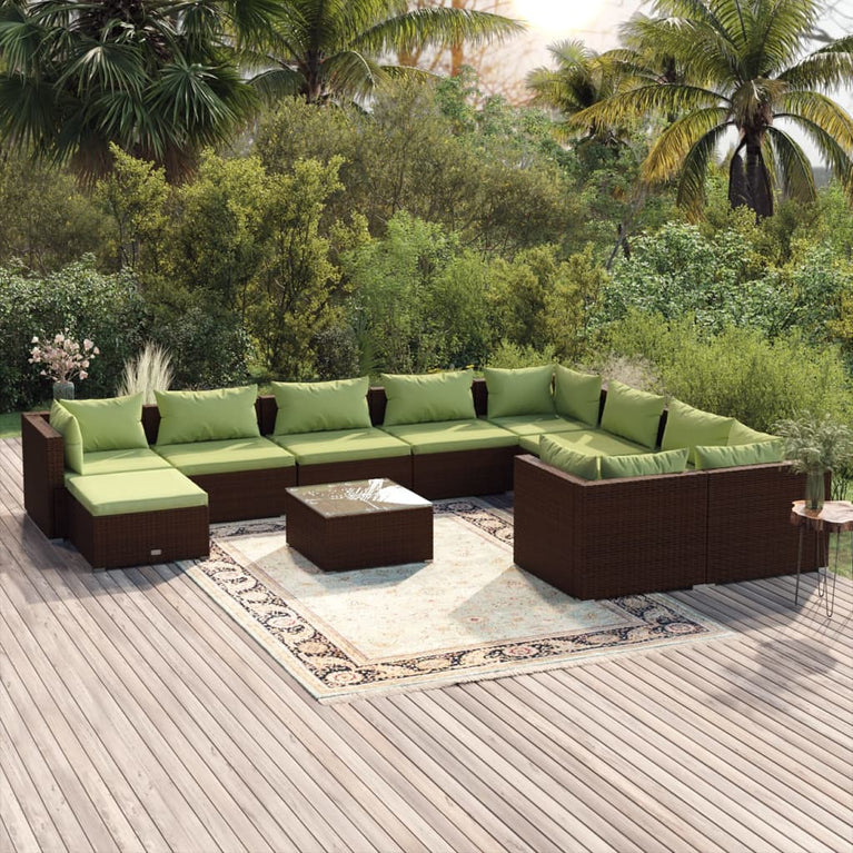 11-delige Loungeset met kussens poly rattan bruin